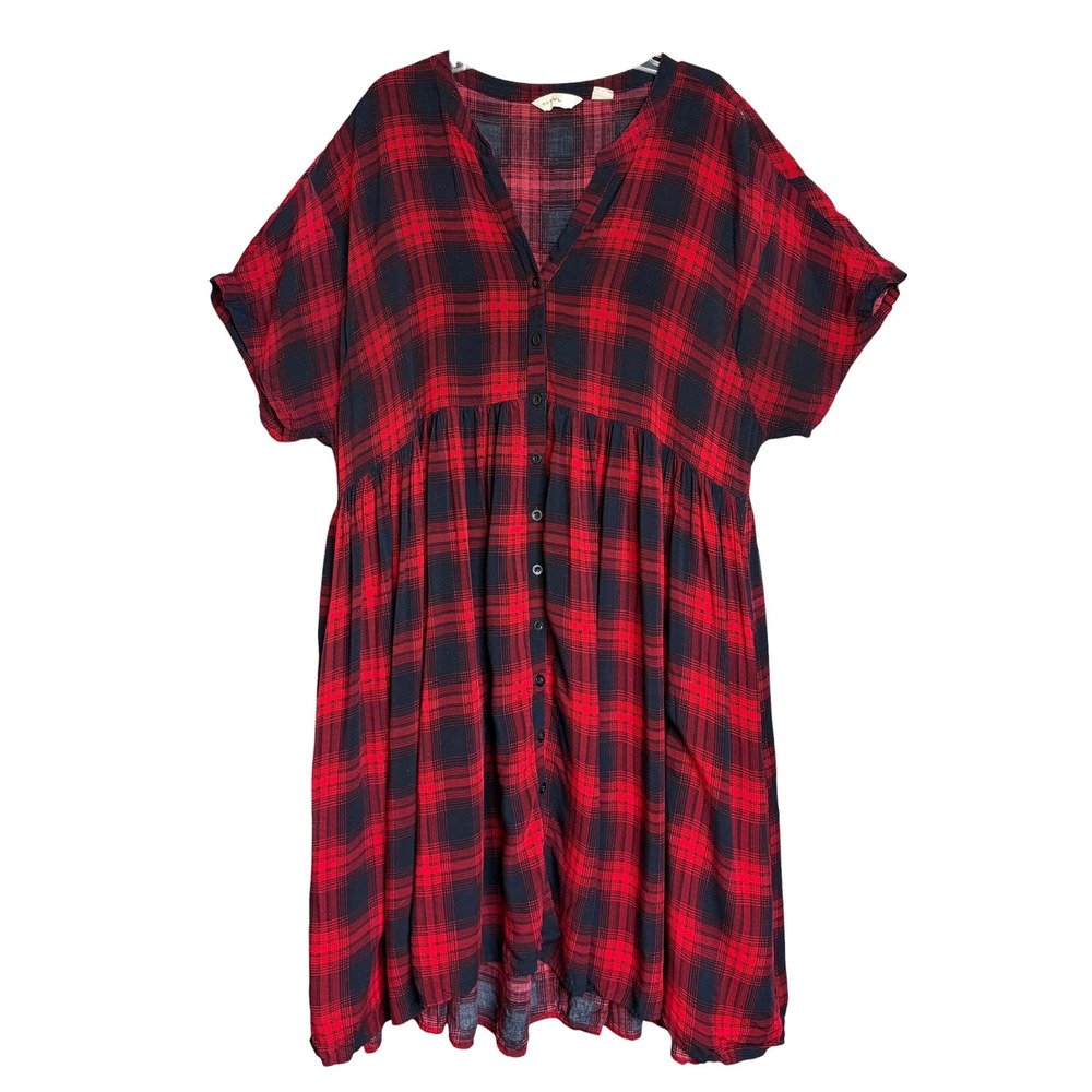 Anthropologie 11 1 TYLHO Plaid Babydoll Dress XL Red Black Grunge Goth Punk